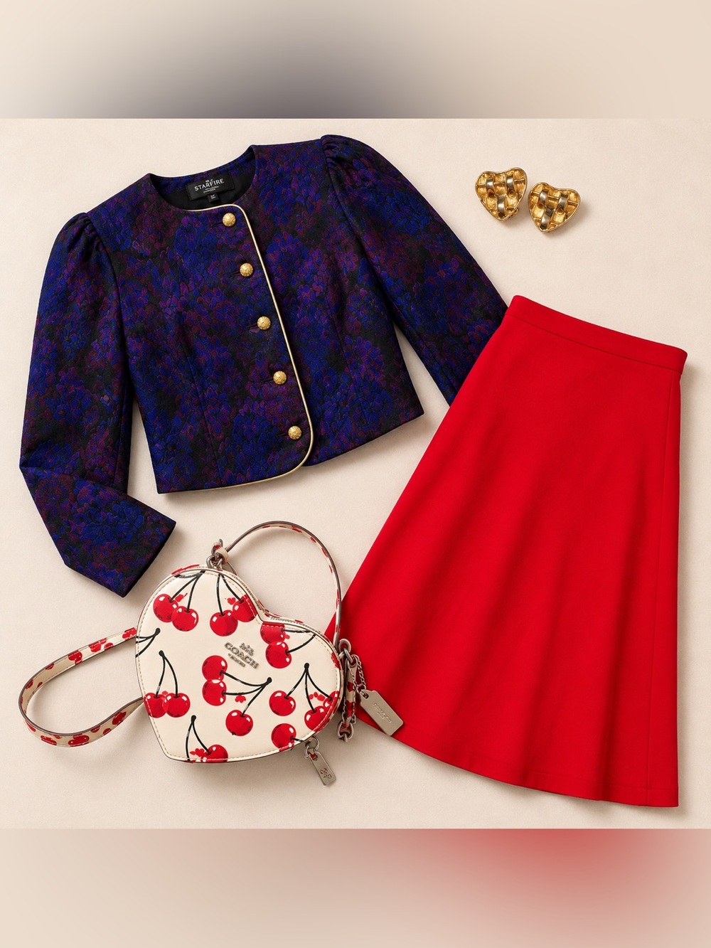 Vintage 80s Jacket CAbi Red Skirt Coach Cherry Bag Earrings Capsule Size 10
